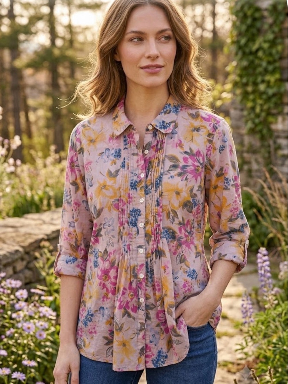 IZOD Floral Button Up Blouse Pintuck Pleated Detail 100% Cotton